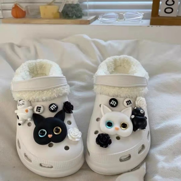 12 stk 3D Clogs Sandaler Ornament (svart og hvit katt), Skoberlocker, Søte Skoprydnader for Clogs Sko Armbånd DIY