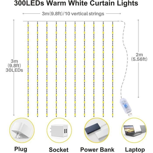 USB 300 LED Lysgardin Lysstreng - 3m*3m - 8 Lystilstande - Vandafvisende IP65 med Timer og Fjernbetjening