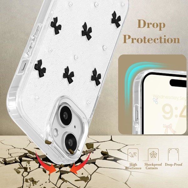 Kuori iPhone 14 Plus -puhelimelle, Bling Glitter 3D Rusetti Puhelinkotelo Söpö Kimalteleva Kristallinkirkas Rusetti Ohut Pehmeä Kestävä Suojakuori Musta Black iPhone 14 Plus