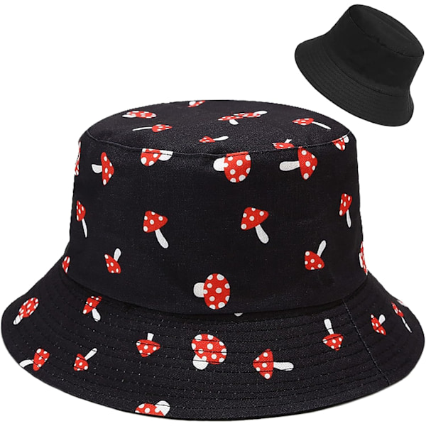 Söt bucket hat strandfiskarhattar för kvinnor, vändbar dubbelsidig användning Mushroom Black
