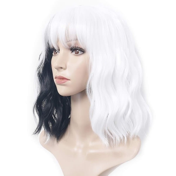Kort svart och vit peruk med lugg Damperuk Curly Wave Synthetic Cosplay Girl Colorful Peruk (bla