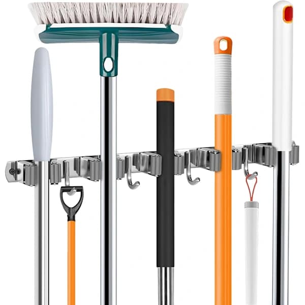 Kostholder Vægbeslag Rustfrit Stål Moppe Organizer 5 Pladser 4 Kroge Grå