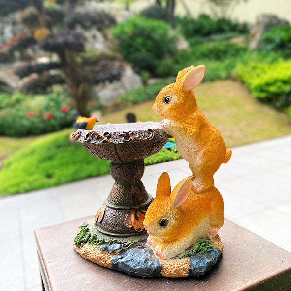 Trädgårdsdekorationer prydnadsföremål landskap innergård djur kanin harts hantverk tecknad utomhus solcellslampa Double Rabbit-Orange