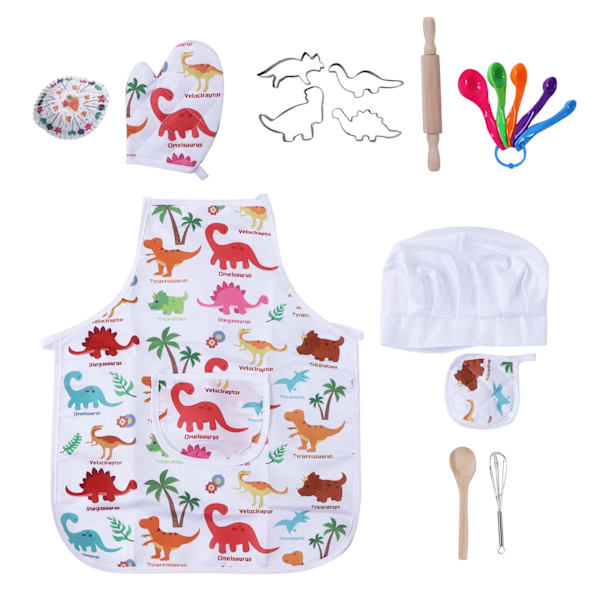 Barn Bakningskock Set Dinosaurie Förkläde Ugnsvante Kock Klädsel Kök Rollspel Leksaker 0.4