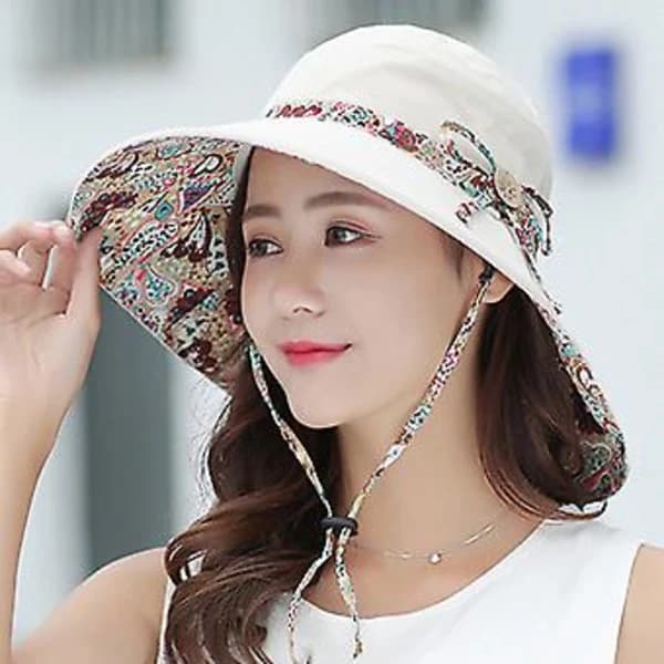 Large Women's Sun Hat with Wide Brim, Summer Beach, Floppy, Foldable Cap (Beige)