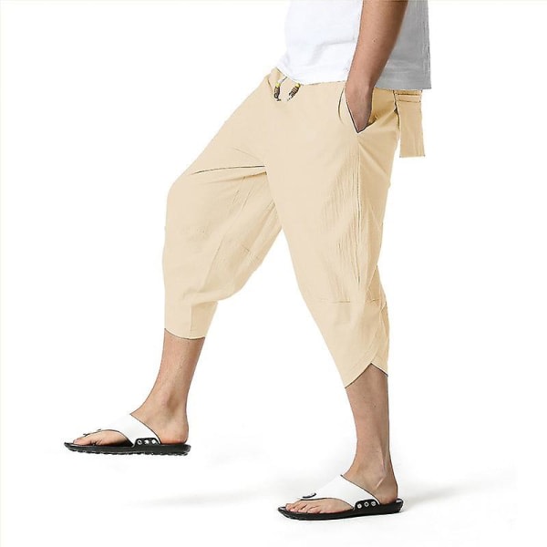 Män 3/4 Linne Shorts Byxor Sommar Casual Capri Lösa Byxor Khaki XXL zdq