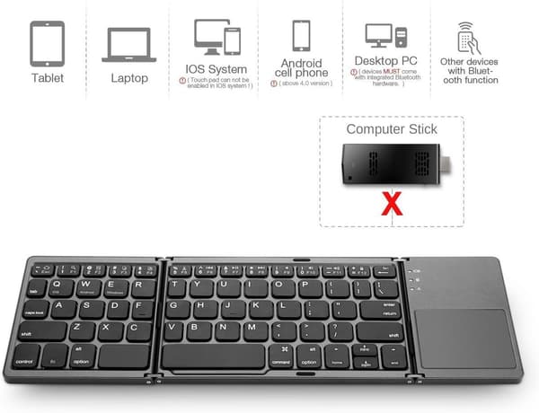 Vikbart Bluetooth-tangentbord med pekplatta, ultratunt trifold-trådlöst tangentbord för Android, Windows PC och surfplatta, grått
