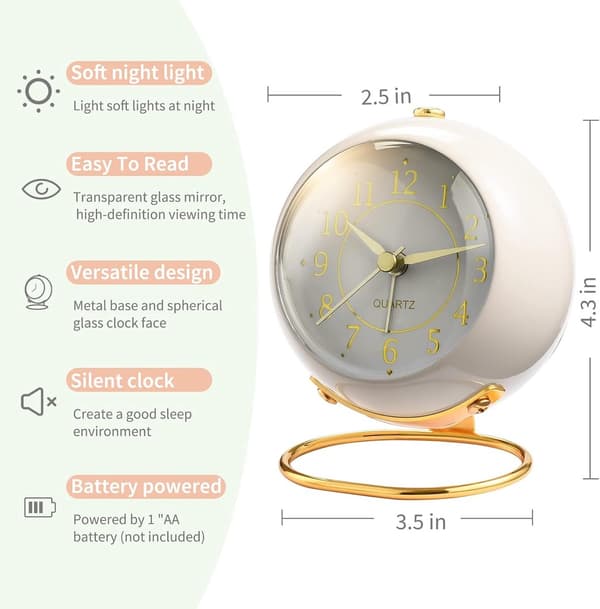 Analog Alarm Clock, Retro Design with Night Light - Silent, Waterproof, Laptop Compartment