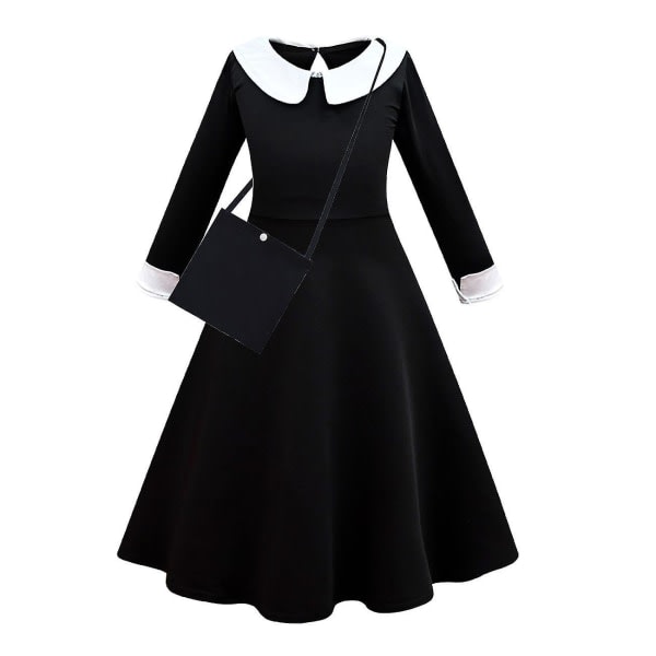 Dette Er Mitt Lykkelige Ansikt Onsdag Kostyme Morticia Trykk Kjole Parykk Jenter Vintage Gothic Antrekk Halloween Rollespill Klær kjole parykk 9-10T(150) SQBB