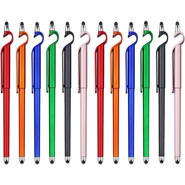CDQ Stylus Pens Pack med 12 Multifunctionnell 3-i-1 phonehållare + Kapacitiv Stylus + Kulspetspenna, Style 2