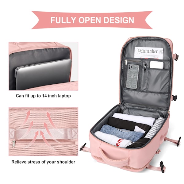 Kabinekufferter 45x30x16 Underseat Rygsæk til Flyrejser Håndbagage Underseat Carry On Rygsæk Laptop Rygsæk Dame Rejserygsæk med Sko-rum,C pink