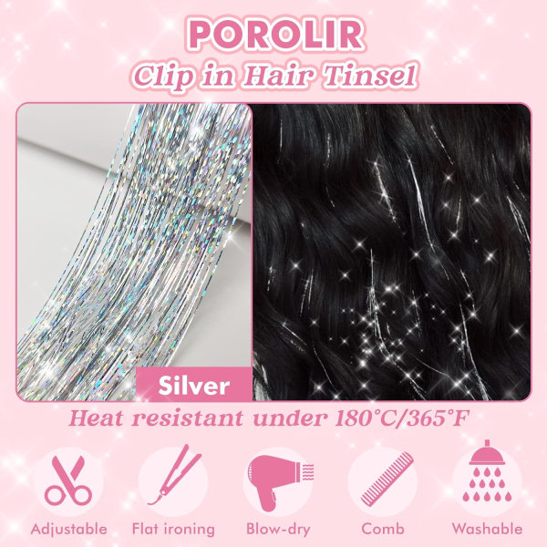 Klipsatta hårförlängningar med glitter, paket med 6 st Glitter Fairy Tinsel Hair Extensions 20 tum glänsande hårförlängningar Värmebeständiga (silver)