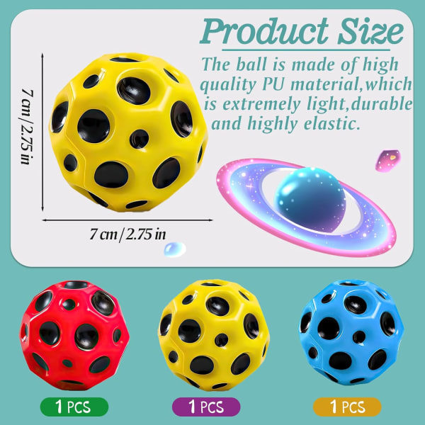 Hoppeball, pakke med 3 Moon Ball Høyhopping Globe Hoppeball Et poppende lyd Gummiball Spaceballs 7 cm Galaxy Ball Mi
