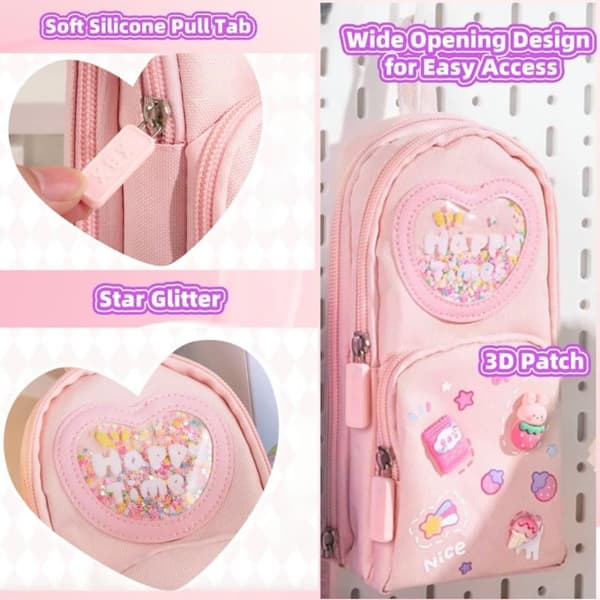 Pencil Case - Cute Pencil Case with 3 Compartments, Multifunctional and Foldable Pencil Case, Large Capacity_TF_TF Rosa