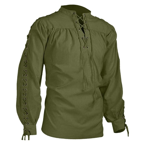 Middelalderlig skjorte til mænd Tunika Viking Pirat Kostume Gotisk Tøj Herre Vintage Skjorte Flæse Halsring Snøre Ridder Army Green 3XL zdq