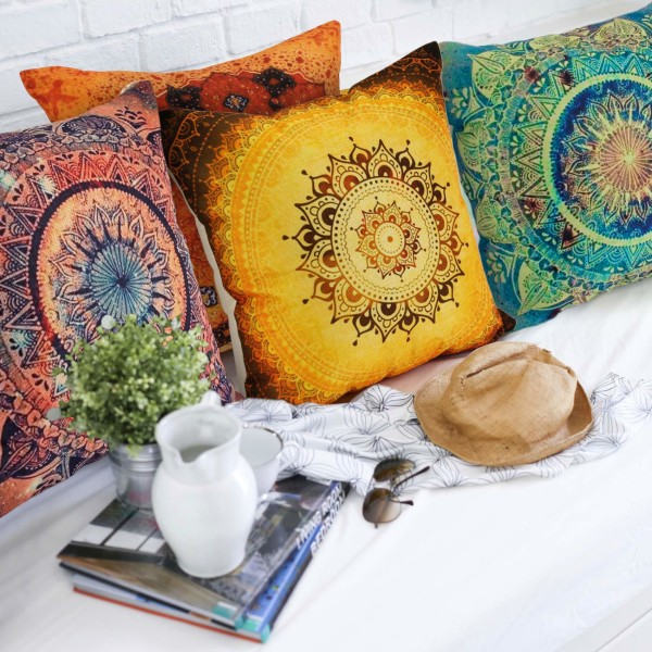 CDQ Set med 4 kuddfodral, indiska bohemiska mandala blommönster örngott（45 x 45 cm）