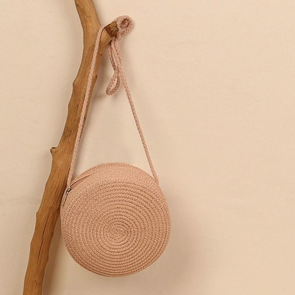 Rund halmväska Dam vävd strandväska Handgjord stickad handväska pink