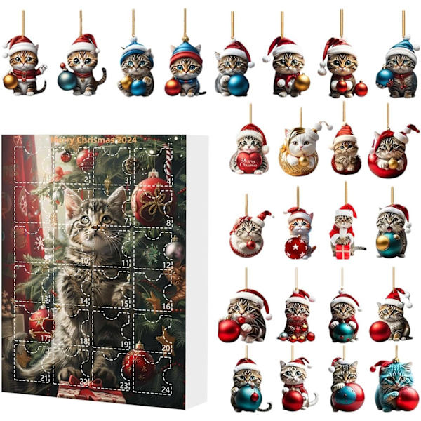 Katte-Adventskalender 2024, 24 Dages Jule Nedtællingskalender med Søde Kattedukker, Juledekoration (YSJ)