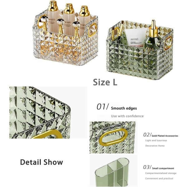 Kosmetisk organizer, läpinäkyvä diamantkristall kosmetisk organizer, organizer, för byrådekoration, badrumsbänkskiva (vit)