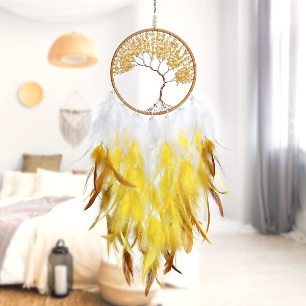Handgjord Crystal Bohemian Tree of Life Dreamcatcher Feather Dreamcatcher Heminredning för sovrumsbröllop, (Gul) CDQ