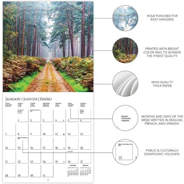 2024 In to the Woods -seinäkalenteri | 12\" x 12\" | Suuri kuukausittainen ruudukko | 3 kieltä ja korostetut juhlapäivät | 4 2024