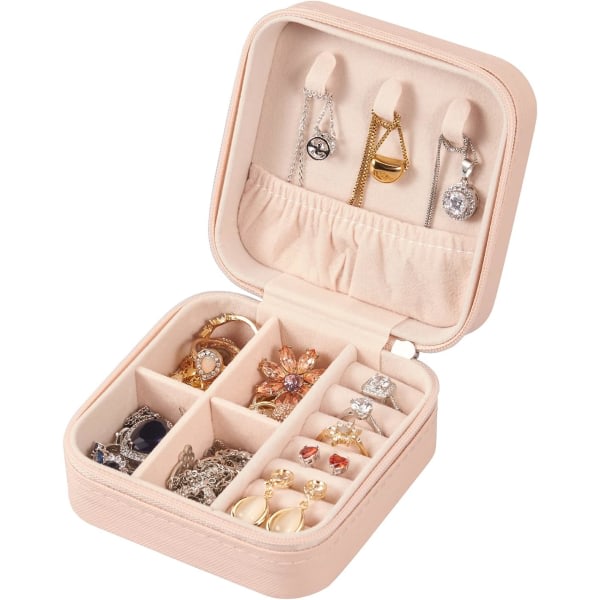 Liten smyckeskrin i PU-läder, bärbart case för resor för ring, hänge, örhänge, halsband rosa