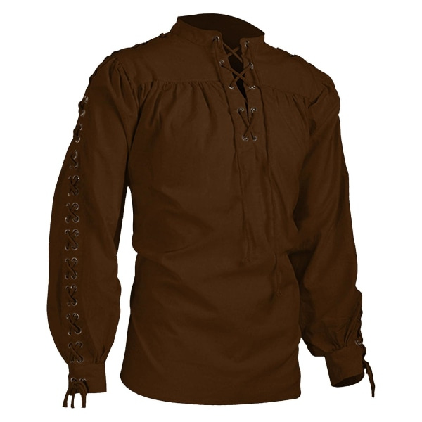 Keskiaikainen paita miehille Tunika Viking Pirate Costume Goottilaiset vaatteet Miehet Vintage paita Volang Halsaukko Kiristysnauha Knight Coffee XL zdq