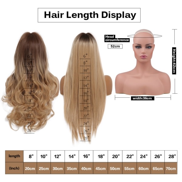 26" oransje peruk for menneskelig hår for kvinner med lugg, lang naturlig vertikal