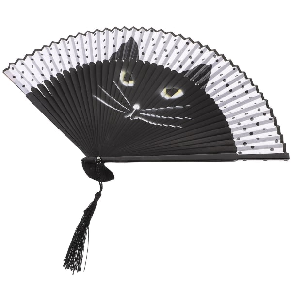 Kvinnor Cartoon Cat Folding Silk Fan Handheld tuuletin (svart) Musta ei mitään