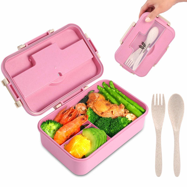 CDQ Bento Box För Barn Vuxna Lunchbox Med 3 Fack, Vete pinkki
