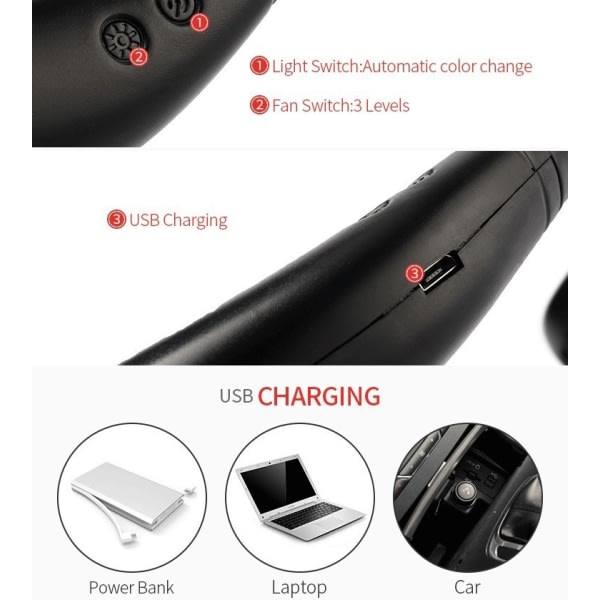 Svart Röd Mini USB-vifte, Hängande Mini-vifte Tyst Bärbar Vifte 2 Justerbara Huvuden 3 Vindhastigheter Uppladdningsbar USB-vifte för Office Outdoor CDQ