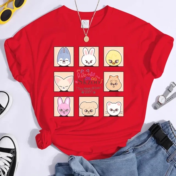 K-POP Stray Kids T-skjorte Herr og Dam T-skjorter Harajuku Y2K T-skjorte Casual Sommar Kortärmade T-skjorter for kvinner TL3274-rød XXL TL3274-red