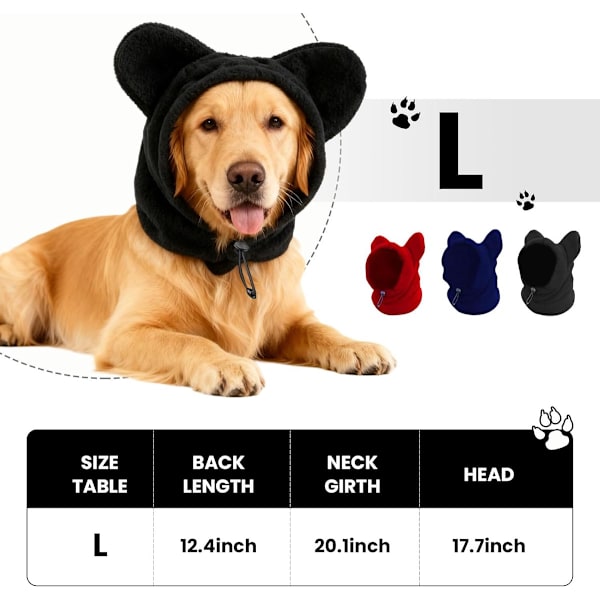 Vinterhætte til hunde med ørebeskyttelse, fleece halsedisse til hunde, (sort, L)