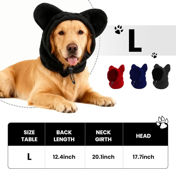 Vinterhette for hund med ørebeskyttelse, fleece halsvarmer for hunder, (svart, L)