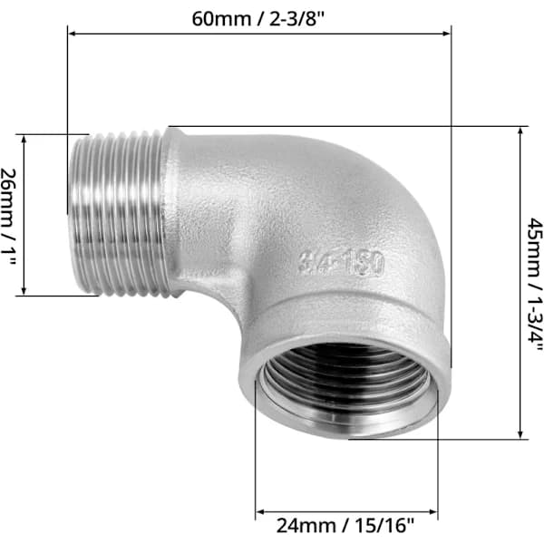 3/4\" Rustfri Rørfittings 4-pak, 90° Vinkel, NPT Han- & Hunggevind