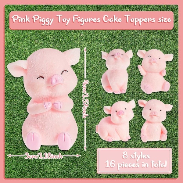 CDQ 16 bitar söta rosa piggy leksaksfigurer miniatyr gris tårta toppers för tårtdekoration, DIY hantverk