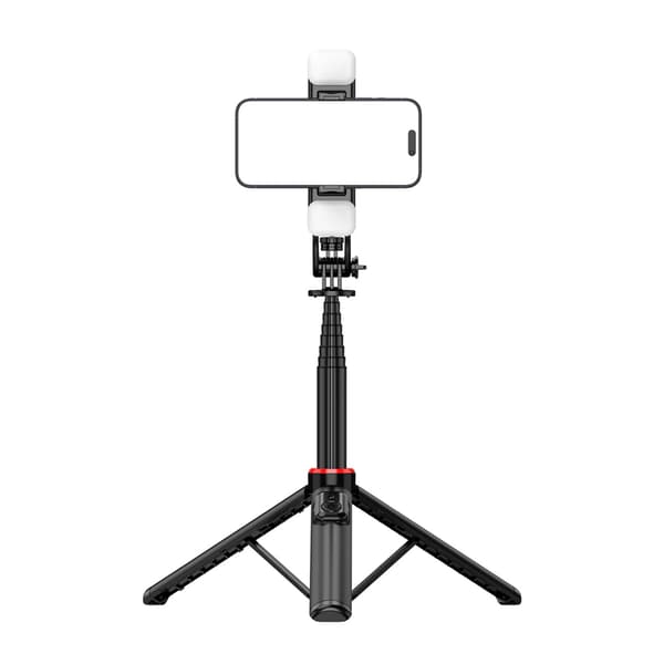 Teleskopisk selfiestick med stativ, dubbla LED-lampor och Bluetooth