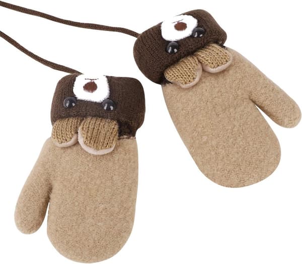 Vintervantar för baby och småbarn, varma stickade handskar med fleecefoder och snöre, söt björndesign för pojkar och flickor 1–6 år, brun