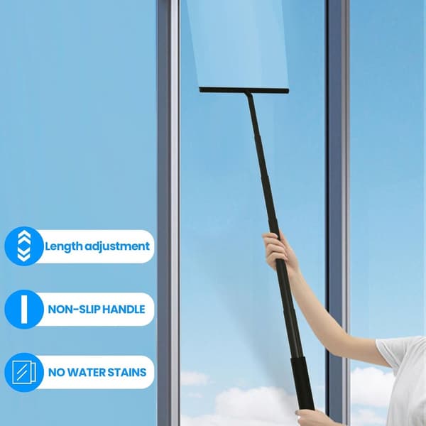 Extendable Shower Squeegee - 97 cm Telescopic Handle - Aluminum/Silicone - Black - With Holder - For Shower, Window, Mirror, Tile, Car