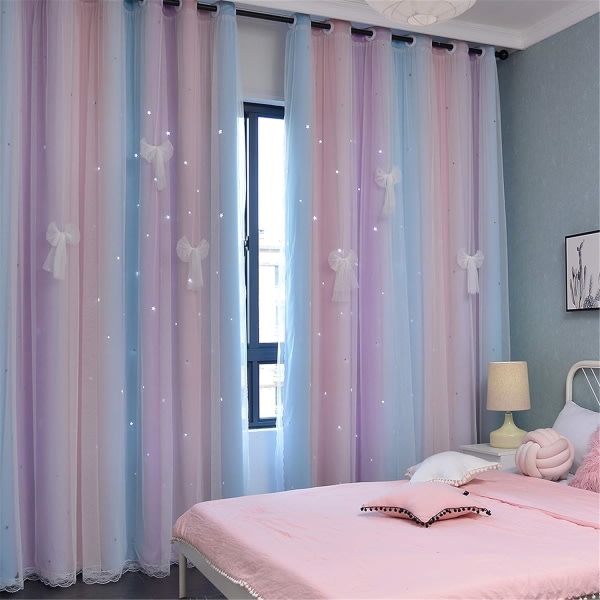 fönster barnkammare gardiner 200 cm långa rum mörkläggningsrep ring 2 lager (rosa lila, bredd 1,5 * höjd 2,0 m per styck [skicka rosett])