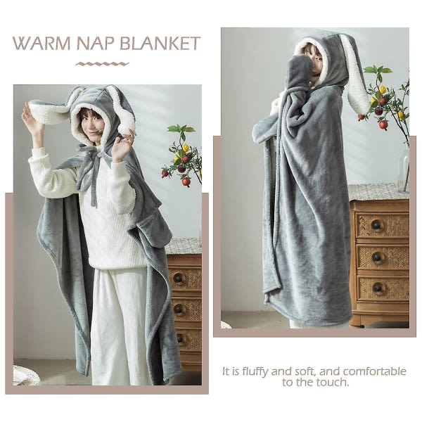 Sødt kaninøre-bærbart tæppe tykt fleece-hætte Poncho-omslag med handsker Home Girl-hættetrøje