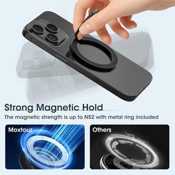 Magnetisk telefonringholder med dobbeltsidige magneter, 360 roterende støtte for iPhone og Android, svart