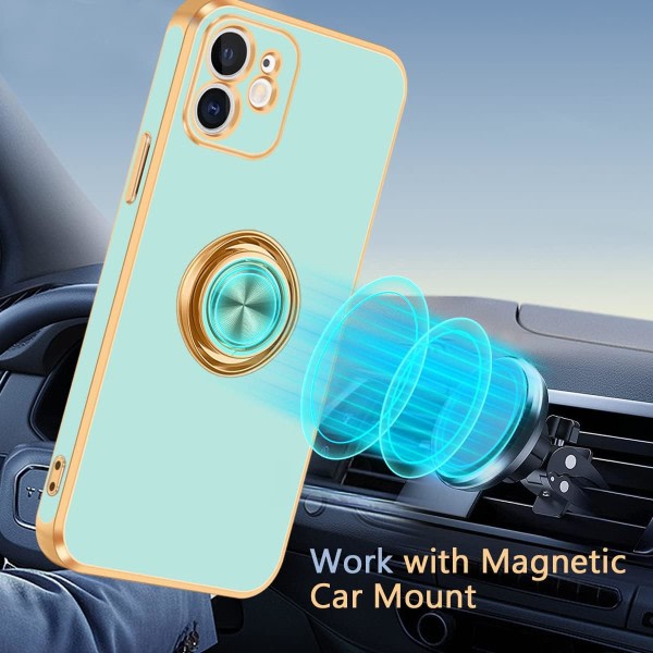 iPhone 12-deksel, iPhone 12-telefondeksel med stativ, [360° roterbar ringhållare magnetisk stativ], blågrönt/guld