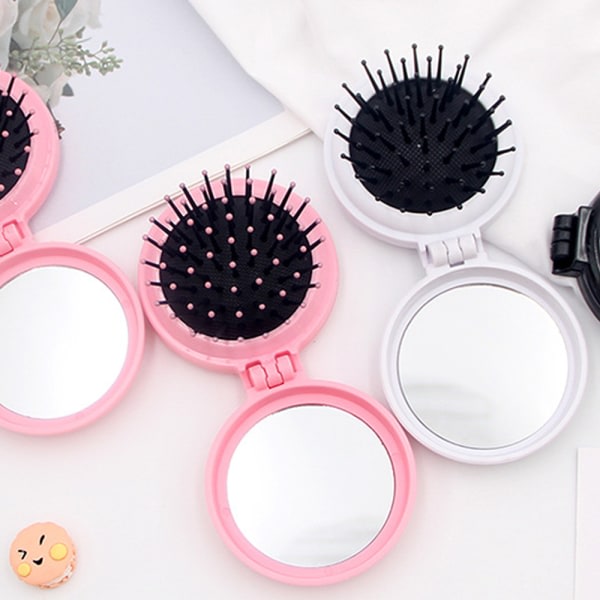 Vikbar hårborste med spegel, rund minimassagekam, passer Pink