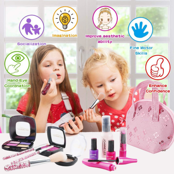 Set för barn Flickor 15 delar tvättbart set Rollleksak med 2 juveler Klistermärken Kosmetikväska Set med glitter kosmetikväska