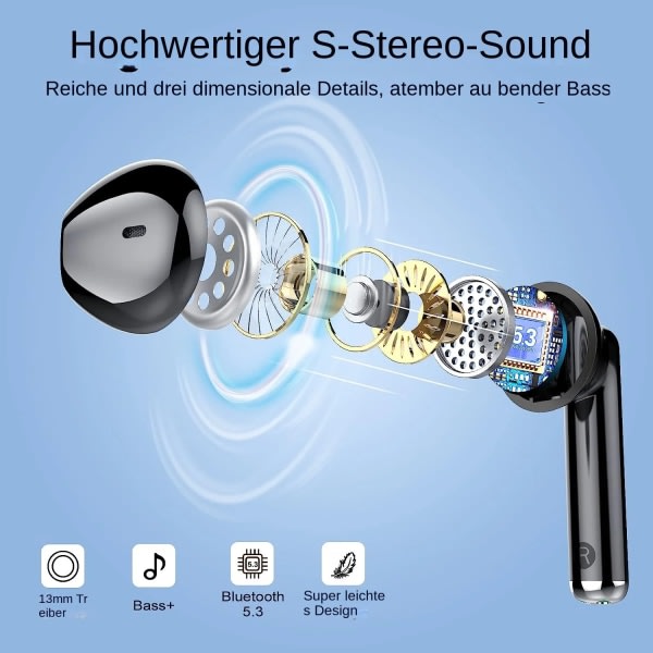 Trådlösa hörlurar - Bluetooth 5.3-hörlurar med HiFi-stereo - Brusreducerande mikrofon för klara samtal - 30H speltid - Pekkontroll Svart