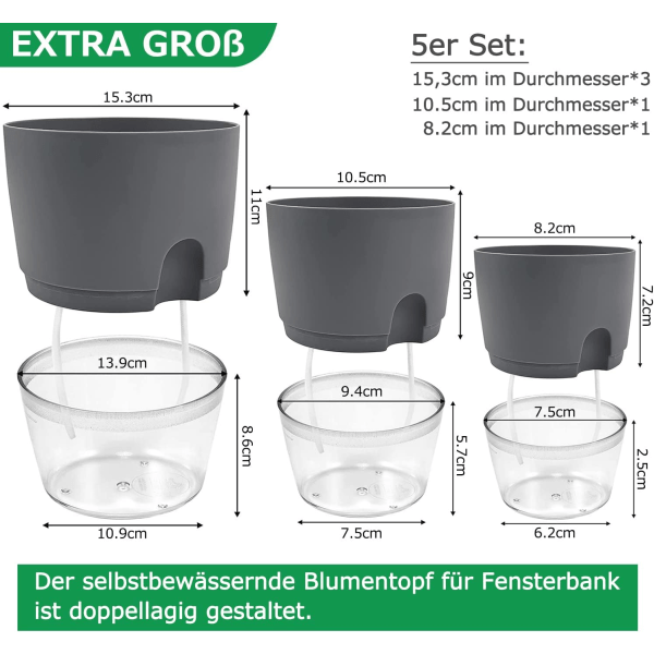 CDQ Plastkrukor inomhus, 15,3/10,5/8,2 cm självvattnande växtkrukor 5-pack, blomkruka Modern dekorativ(grå)