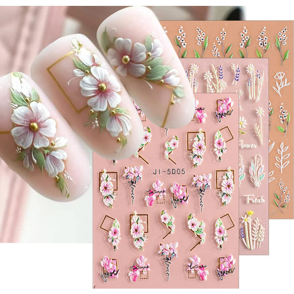 5D kohokuvioidut kukkalehdet Nail Art -tarrat 3 arkkia