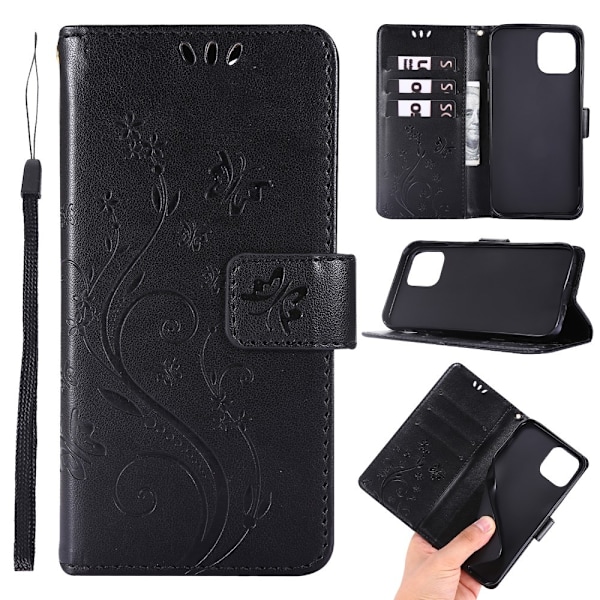 iPhone 12 / 12 Pro - Blomster Etui - Sort Black Black Svart