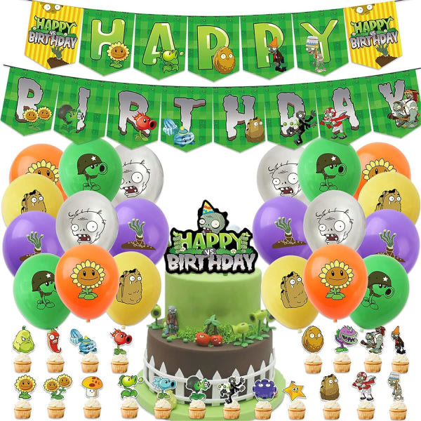 43 stykker Plants Play Game Zombies festartikler, inklusive PVZ Happy Birthday banner, PVZ kagetopper, PVZ latexballoner til børn drenge